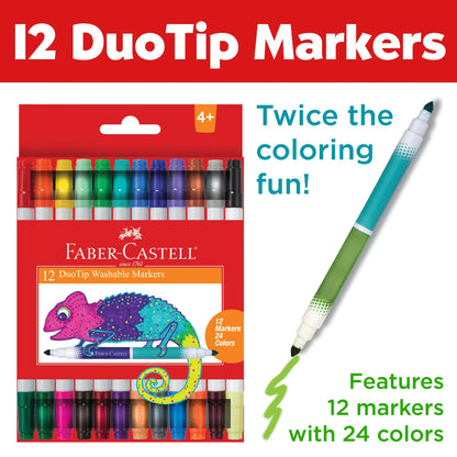 Faber-Castell DuoTip markers packaging with a single marker showing color application on a white background.