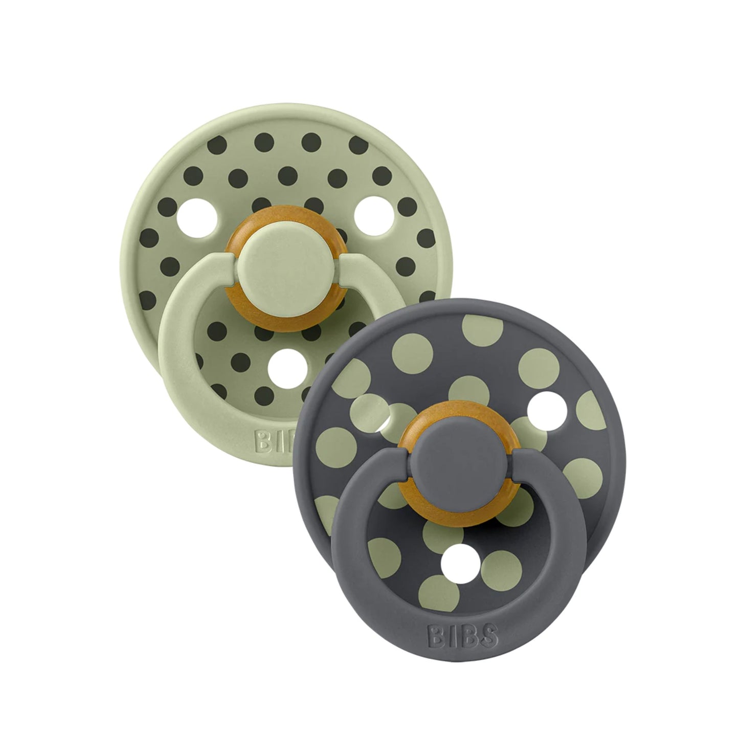 BIBS - STUDIO Colour Pacifiers 2 Pack Polka - Sage/Iron Round Latex