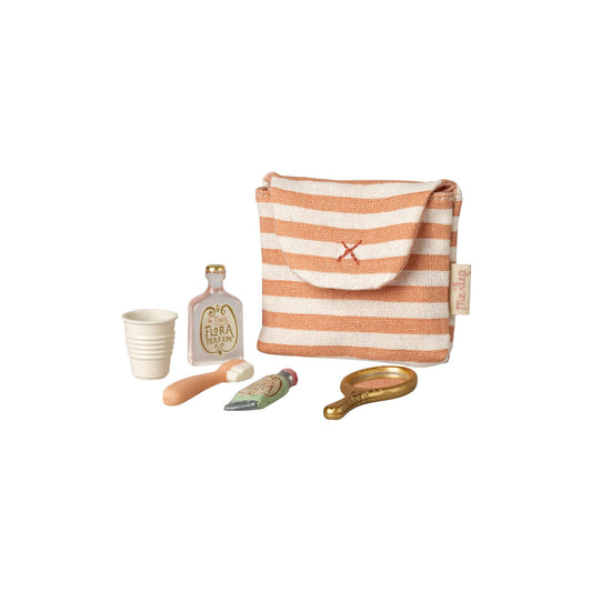 Maileg - Tooth brush set in bag, Mouse - Red stripe