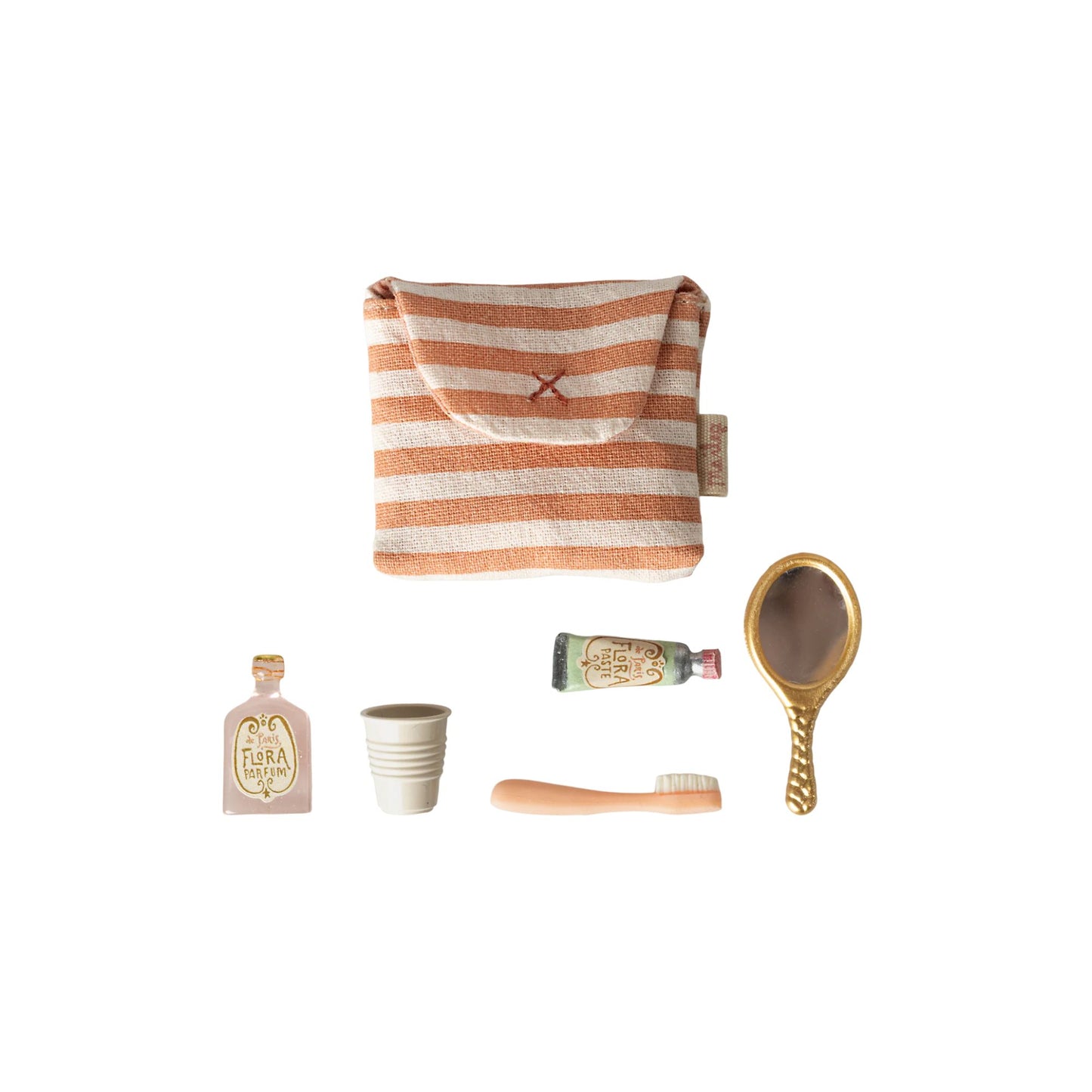 Maileg - Tooth brush set in bag, Mouse - Red stripe