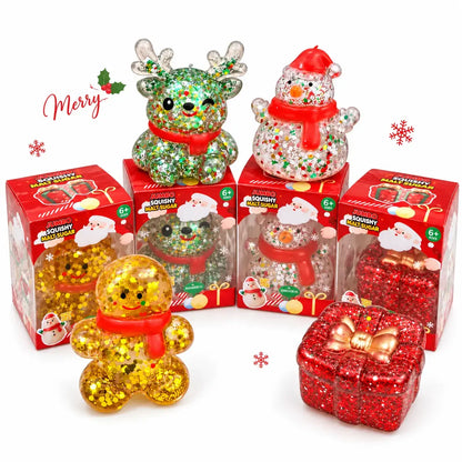 Toynex - Christmas Glitter Maltose Squishy Stress Toy-Santa, Reindeer, Snowman & Gift Box