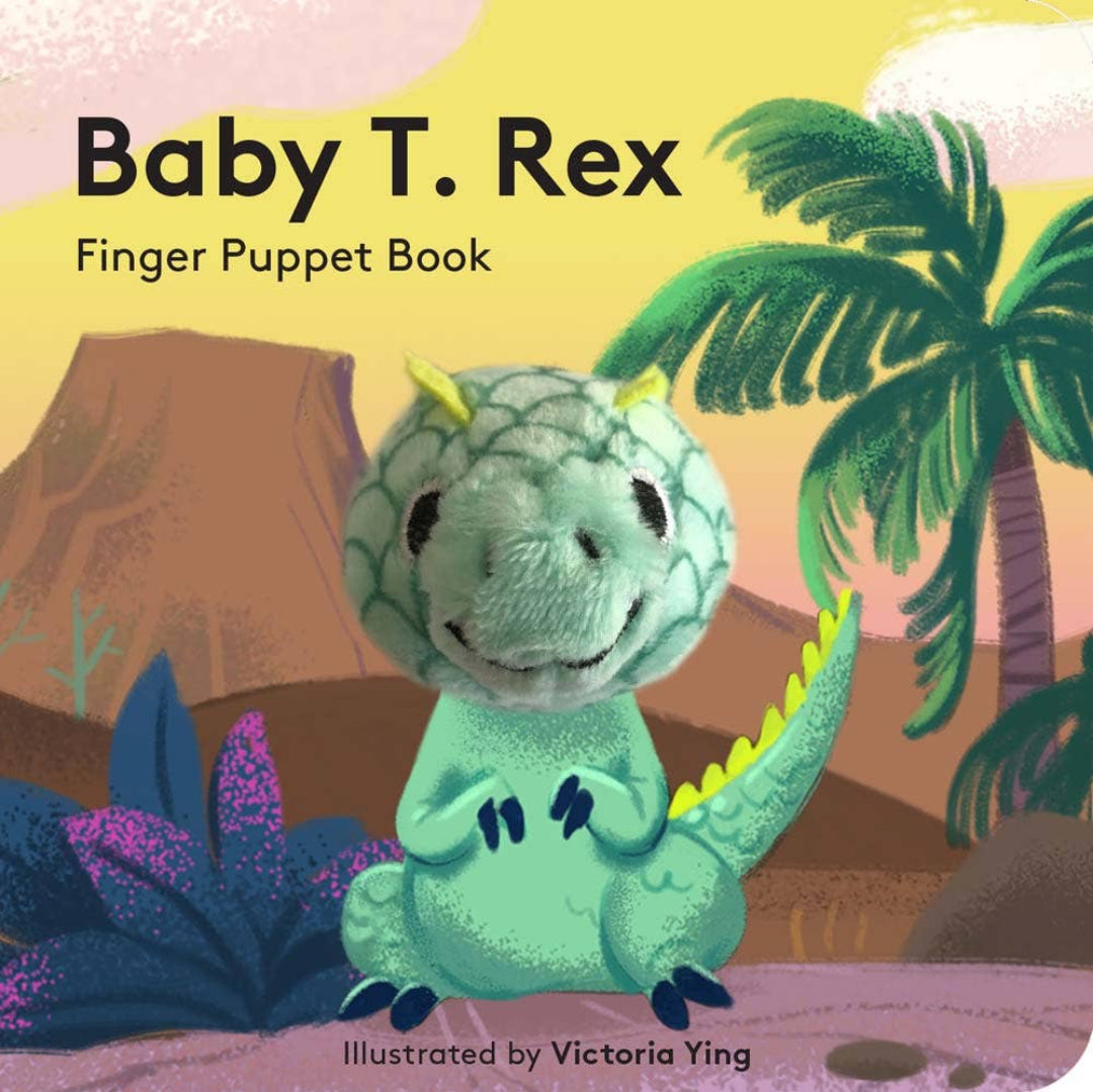 board book with a t-rex finger puppet in the middle and volcanos in the background