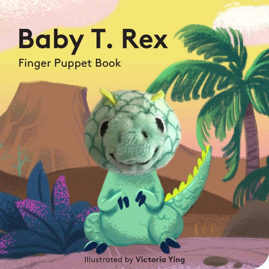 board book with a t-rex finger puppet in the middle and volcanos in the background