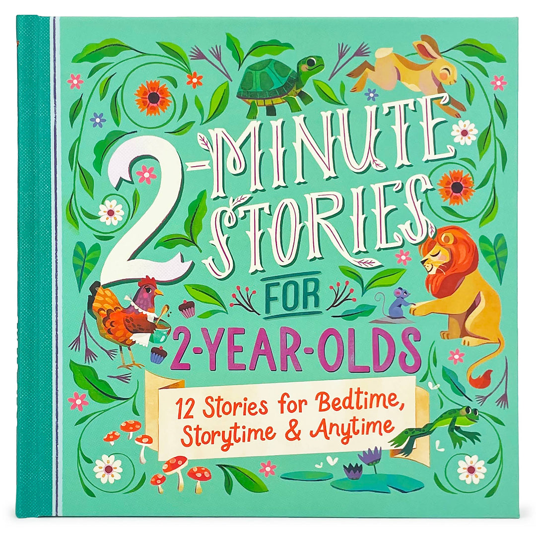 teal colored hard cover book with floral pattern and inside it has 12 2-minute stories for 2 year old children