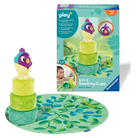 Stacking cups toy with packaging and mat on a white background
