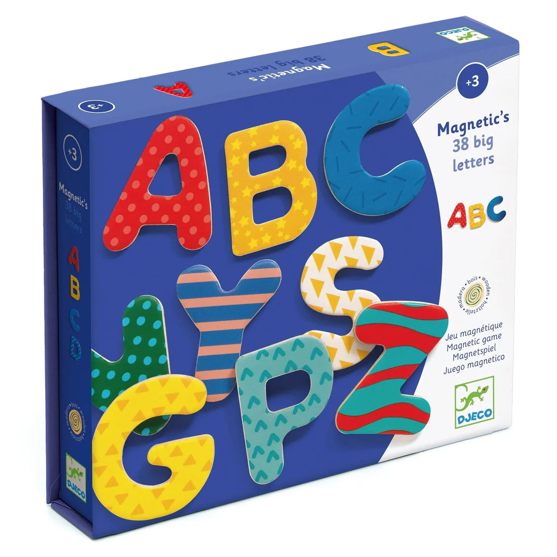 Box of magnetic letters with colorful letters on a blue background
