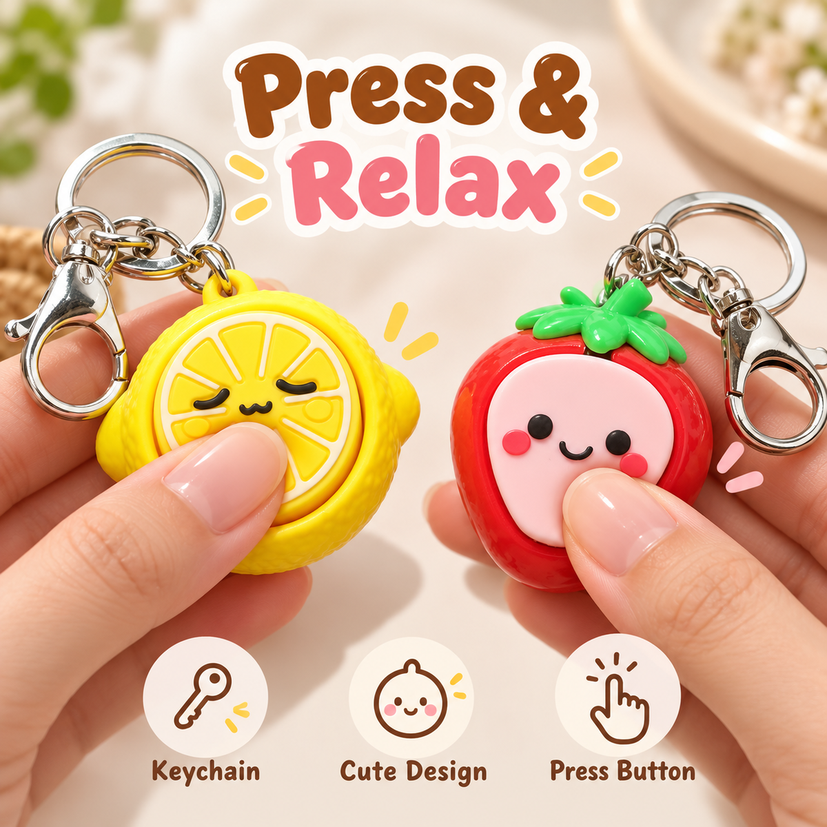 Toynex- Cute Fruit Fidget Button Keychain Stress Relief Toy