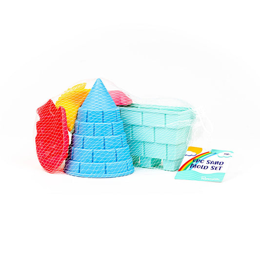 Colorful sand molds and a mold set packaging on a white background