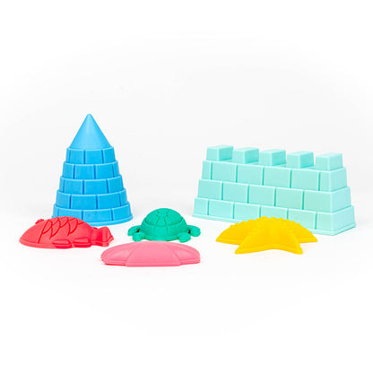 • Toysmith 6-piece sand mold set arranged on white background
• Colorful plastic sandcastle and sea animal molds for sandbox play