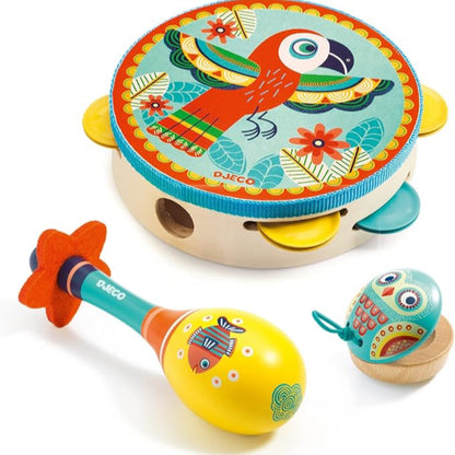 Colorful children's musical instruments including a tambourine, maraca, and rattle with a parrot design on a white background.