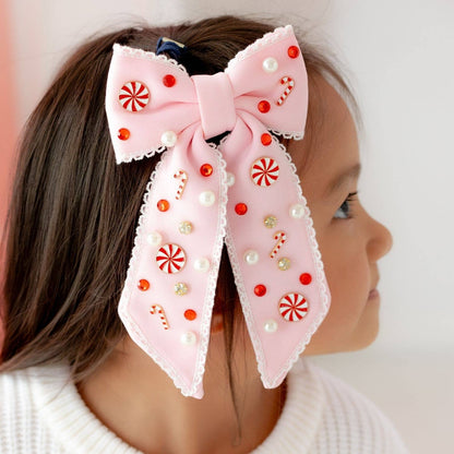 Sweet Wink - Candy Cane Christmas Gemstone Bow Clip - Kids Hair Accessory