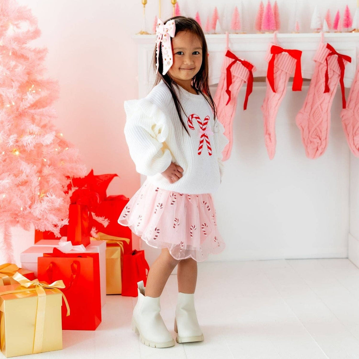 Sweet Wink - Candy Cane Christmas Ruffle Sweater - Kids Clothing -Holiday
