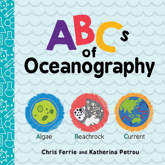blue cover with 3 circles in different colors with images of algae, beachrock, and current in the circles