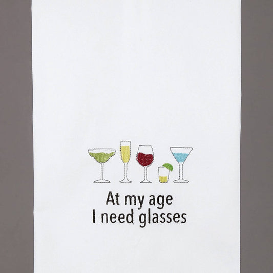 White kitchen towel with five cocktail glasses titled at my age i need glassed