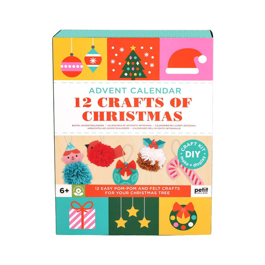 Advent calendar for '12 Crafts of Christmas' with colorful design and craft images.