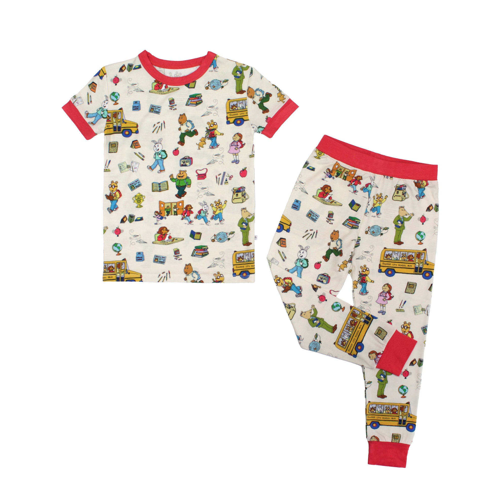 Short Sleeve Kids Pajama Pants Set from buttery-soft bamboo, featuring red trims and playful illustrations of Arthur™ PBS Character, books, and school bus, a beige background.