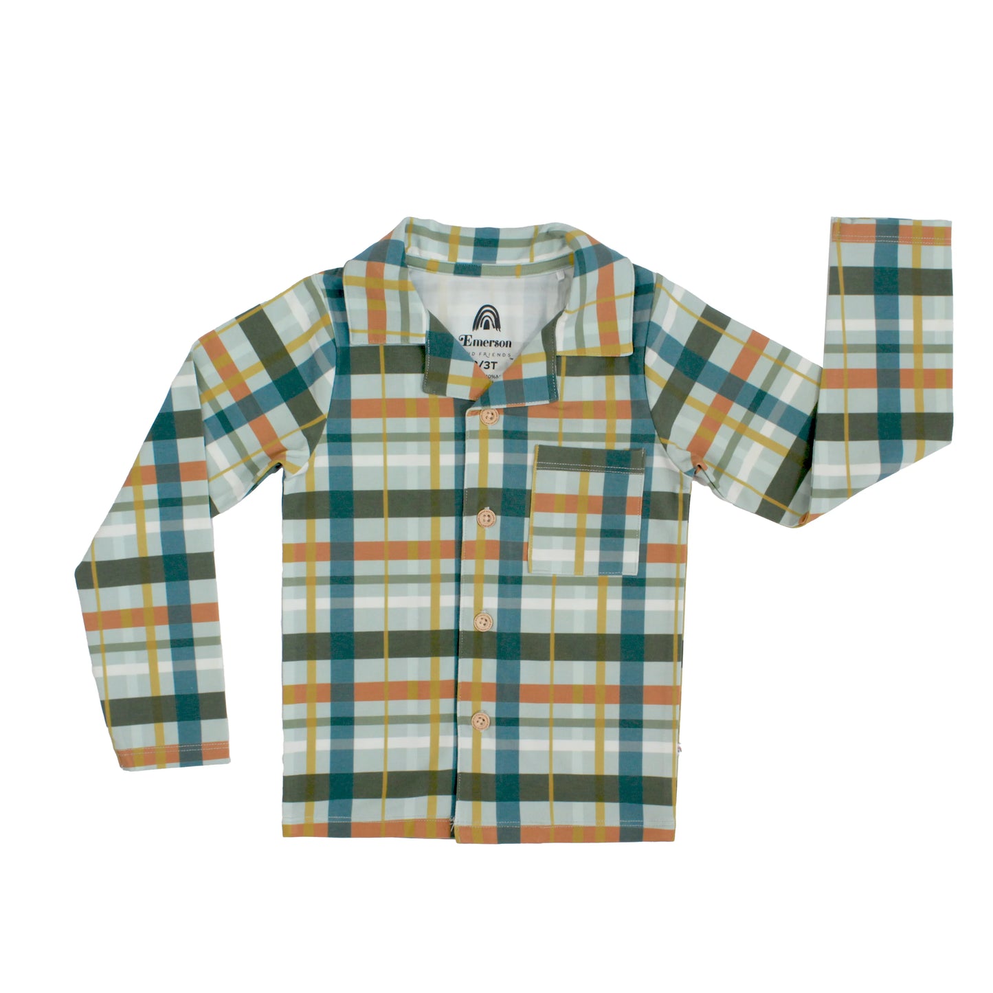 A long-sleeve button-up shirt with a multicolor plaid pattern in teal, mustard yellow, orange, and white, laid flat against a white background.