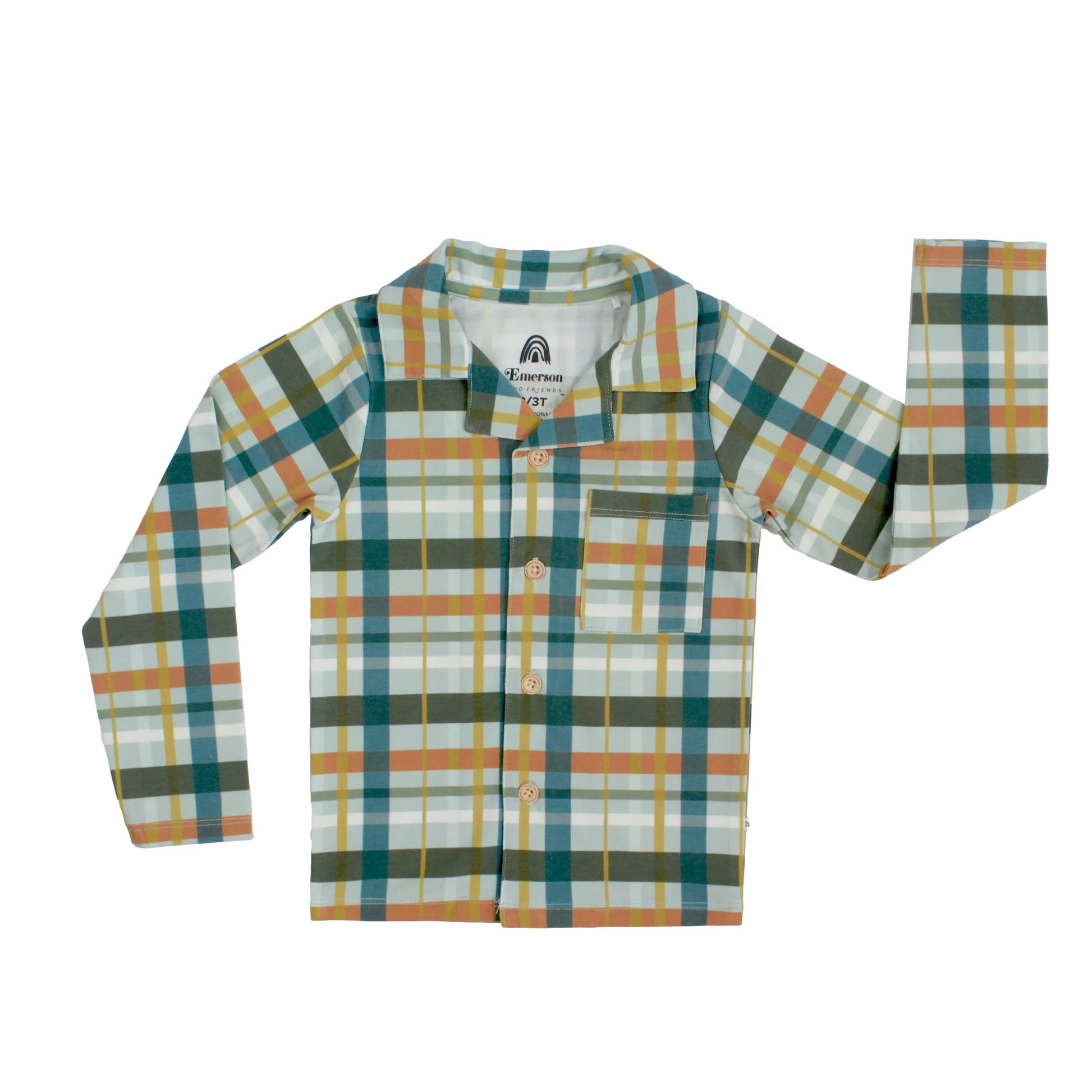 A long-sleeve button-up shirt with a multicolor plaid pattern in teal, mustard yellow, orange, and white, laid flat against a white background.