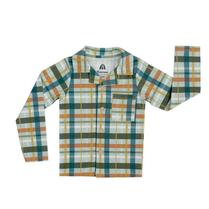 A long-sleeve button-up shirt with a multicolor plaid pattern in teal, mustard yellow, orange, and white, laid flat against a white background.