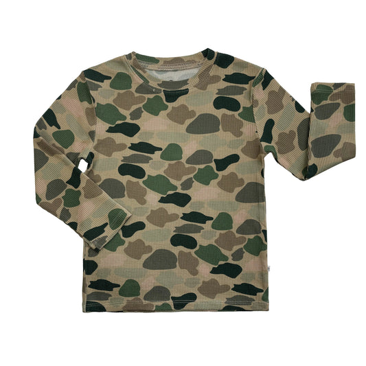Camouflage-patterned long-sleeve shirt on a white background