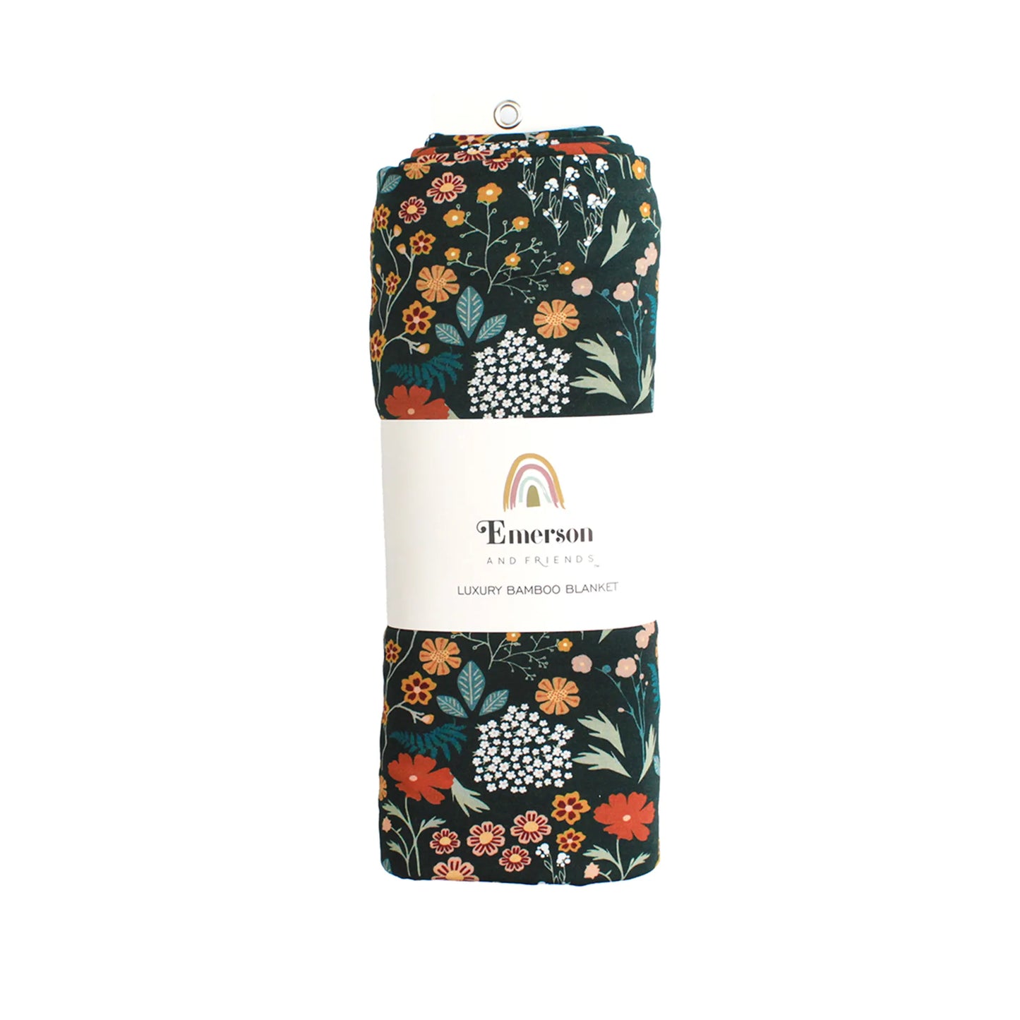 packed dark green bamboo blanket with emerson and friends packaging.