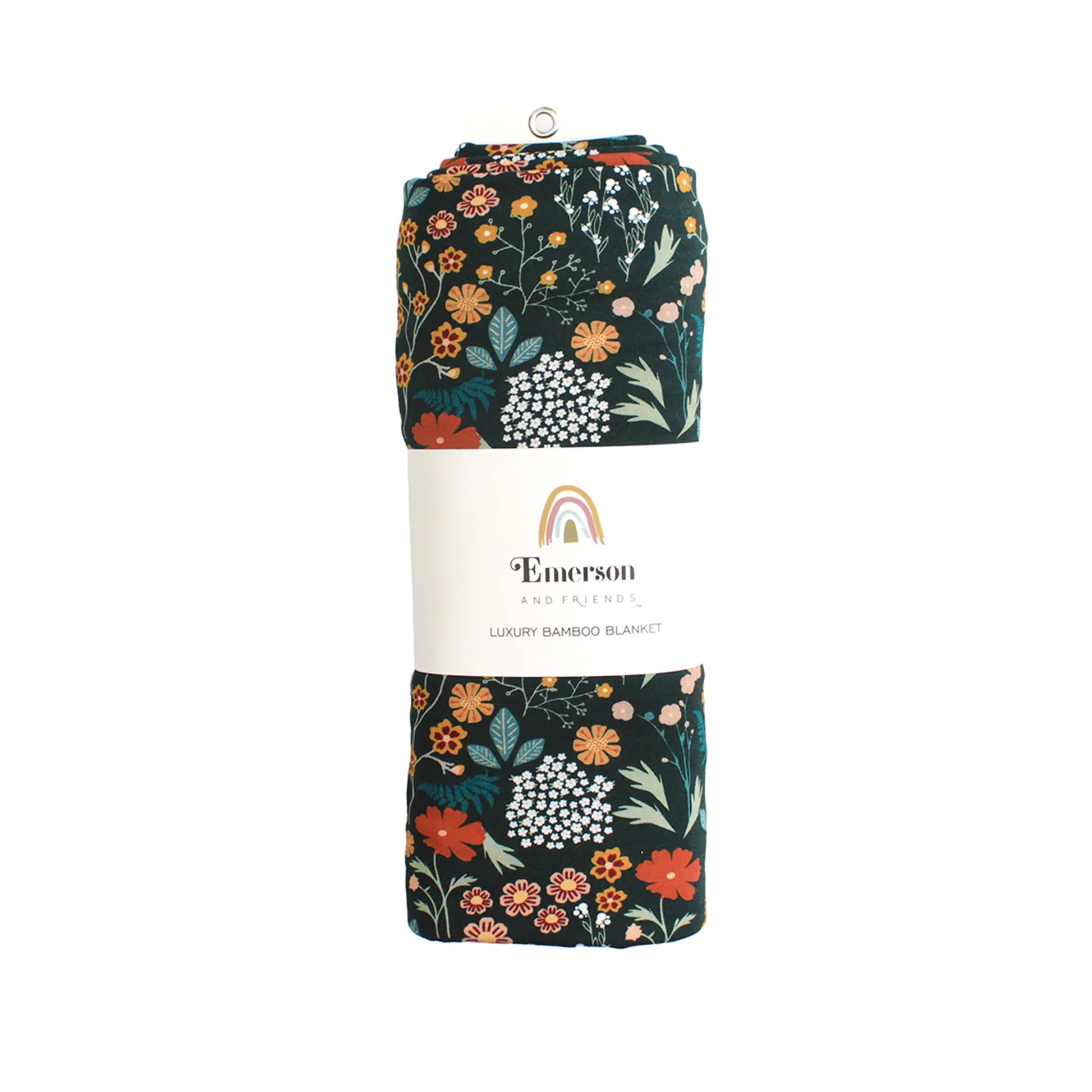 packed dark green bamboo blanket with emerson and friends packaging.