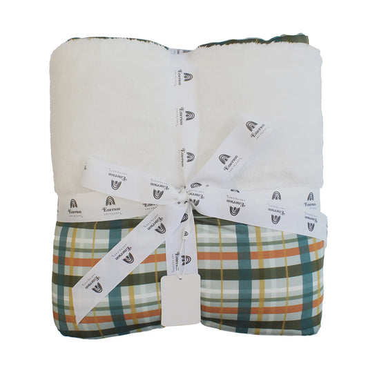 plaid blanket with white fleece lining. 