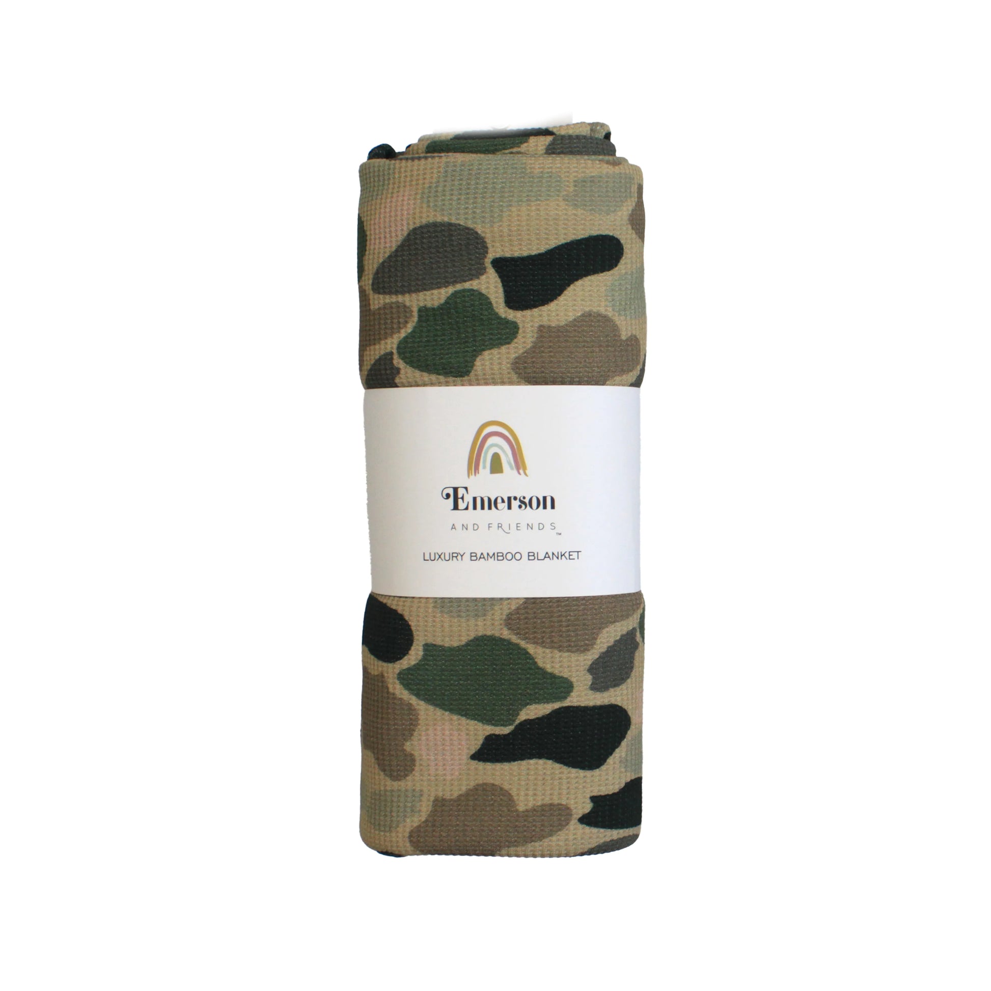 packed camo bamboo blanket on white background.