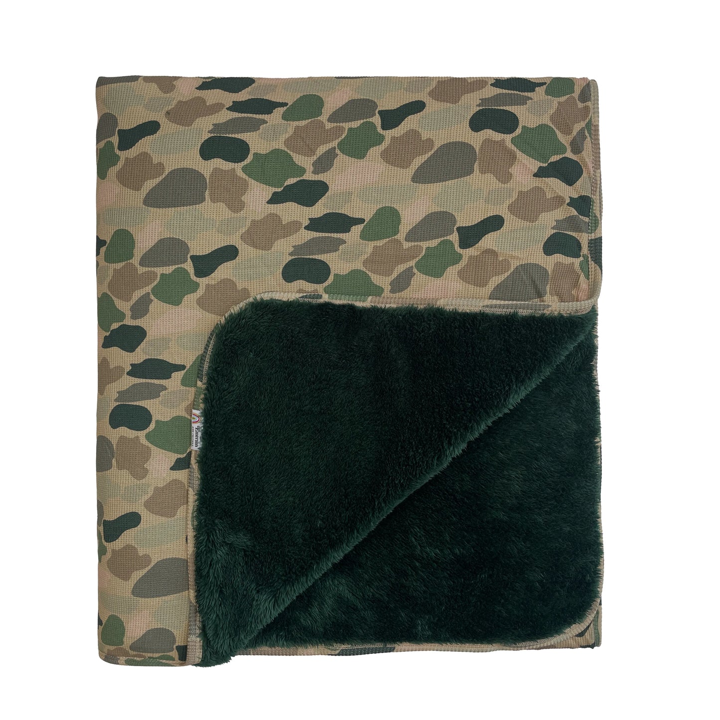 bamboo blanket with camo print and green fleece lining on white background.