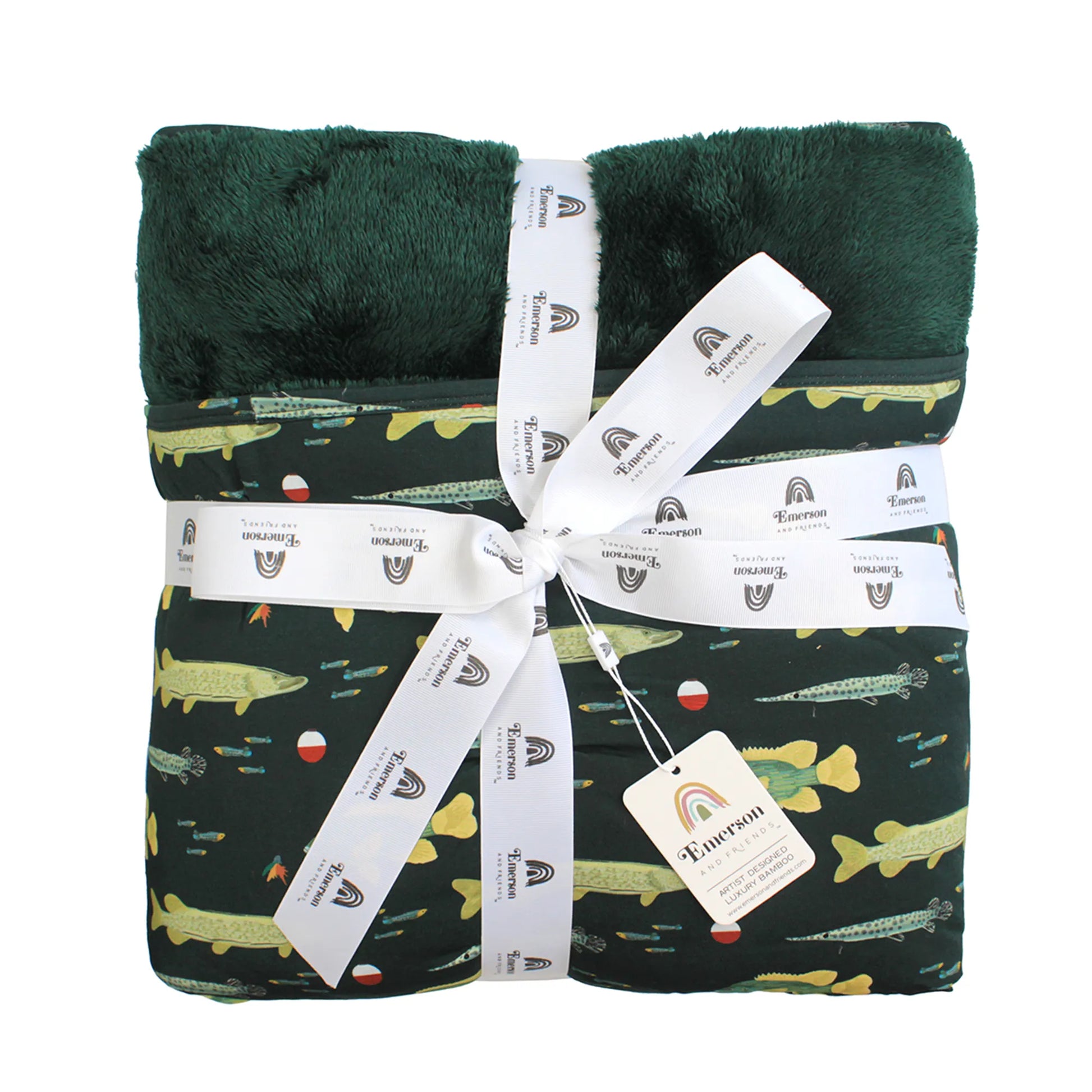 bamboo blanket with green fleece lining on white background.