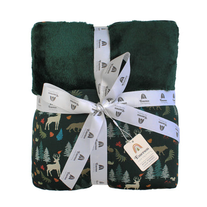 bamboo blanket with forest print and green lining on white background,