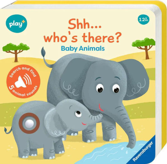 Children's book cover with two elephants and the title 'Shh... who's there? Baby Animals' by Ravensburger.
