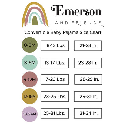 the size guide for the convertible baby pajamas.