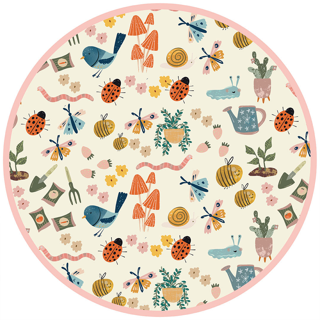 Circle print pattern Garden and Friends. Print has ladybugs, flowers, butterflies, strawberries and birds. 