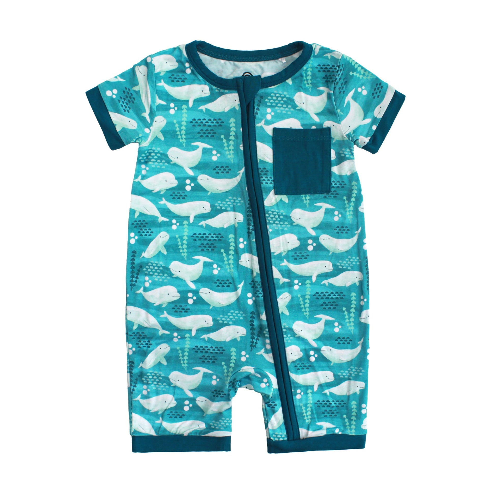Baby romper with whale pattern on a white background