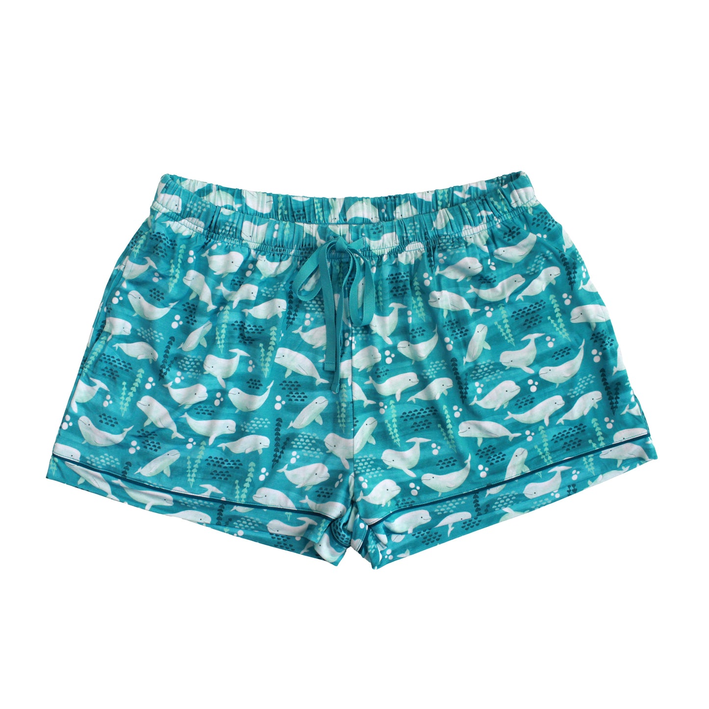 Teal shorts with white whale pattern on a white background