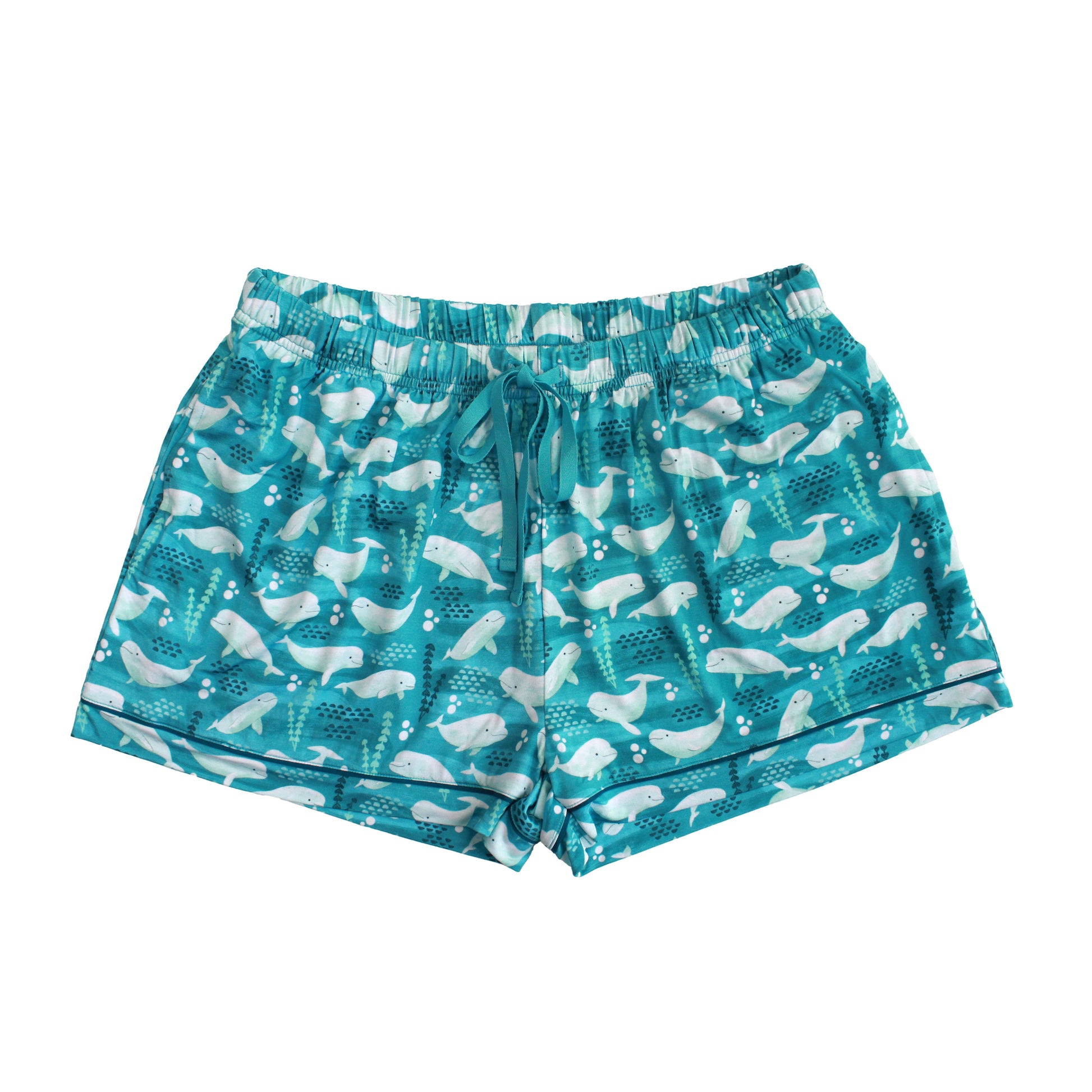 Teal shorts with white whale pattern on a white background