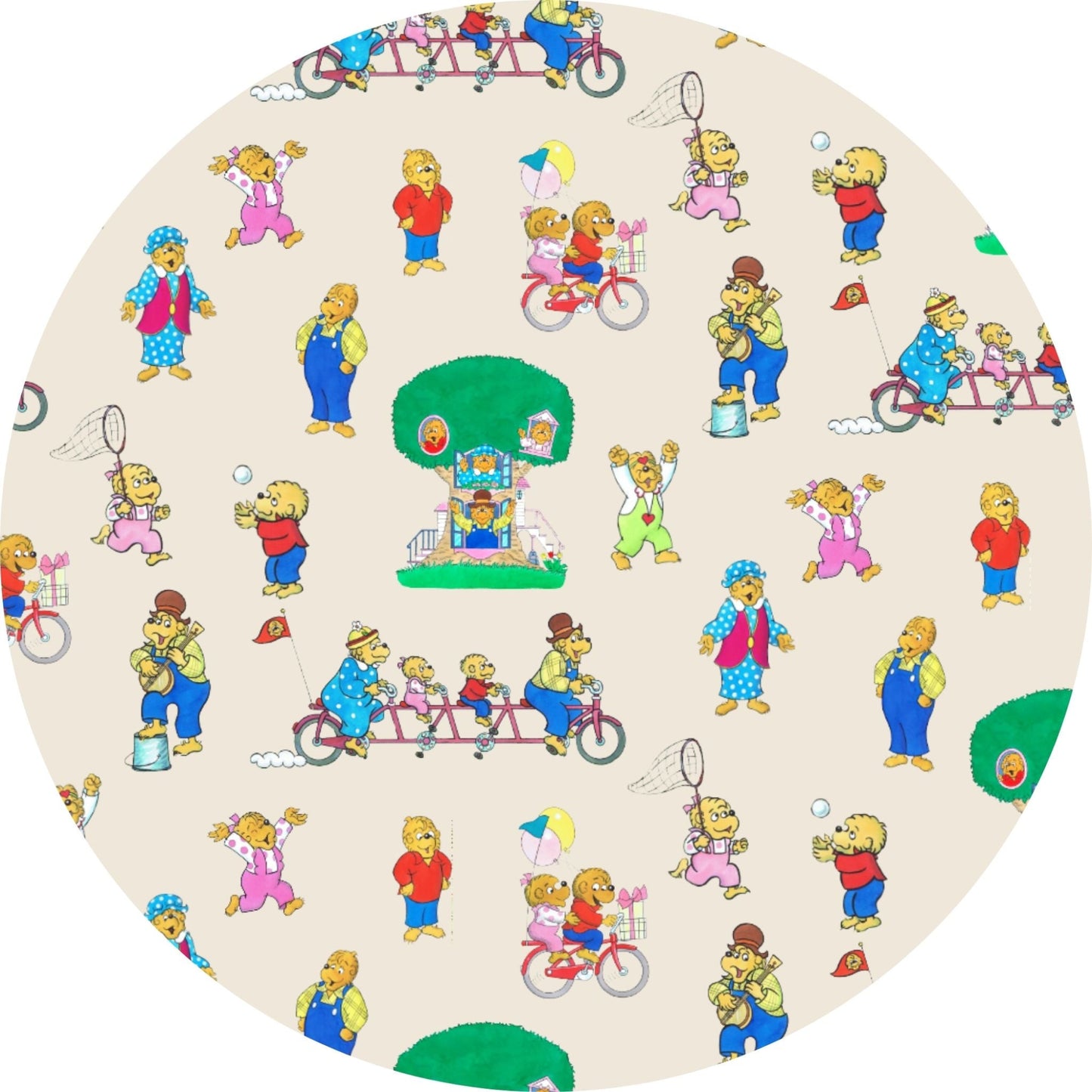 Circular design with cartoon characters playing various activities on a beige background