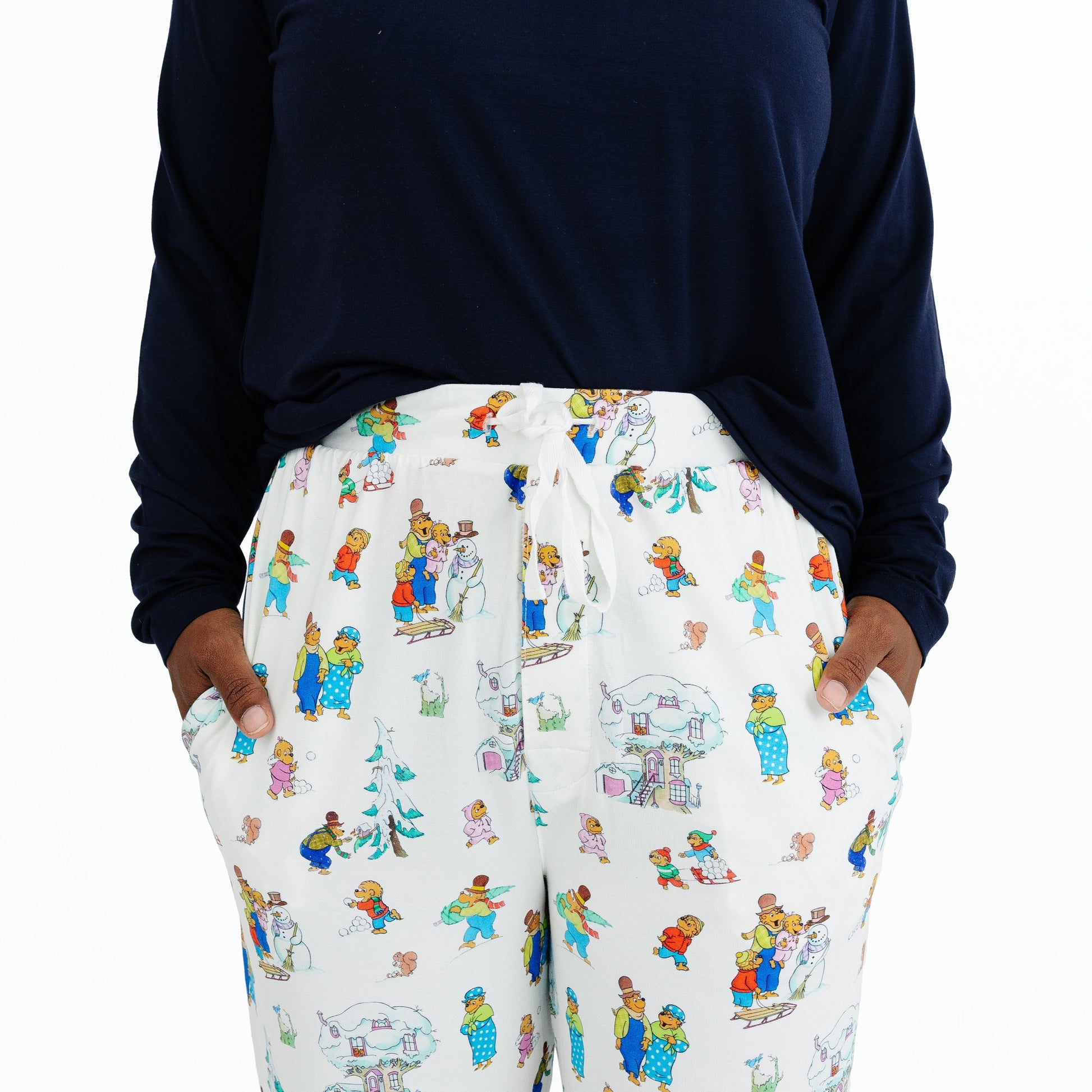 Berenstain Bears Snow Day close up on bamboo pajama pants on a white background