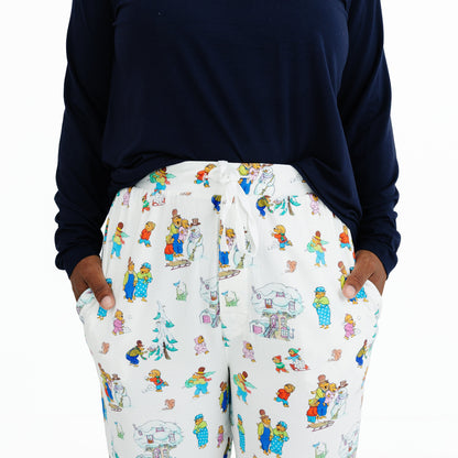 Berenstain Bears Snow Day close up on bamboo pajama pants on a white background