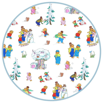 Circular design with Berenstain Bears Snow Day PBS Kids in winter activities on a white background.