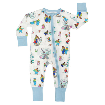Children's onesie with colorful bear pattern on a white background