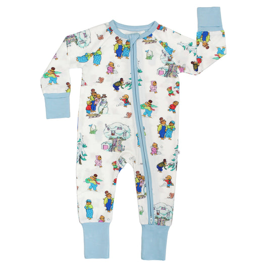 Children's onesie with colorful bear pattern on a white background