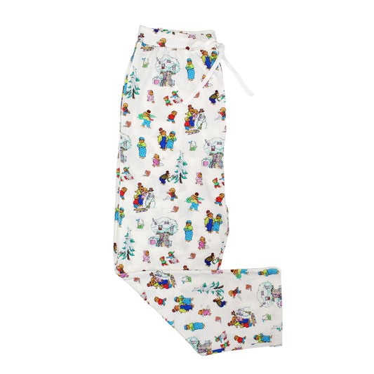 Pair of pajama pants with a colorful cartoon pattern on a white background