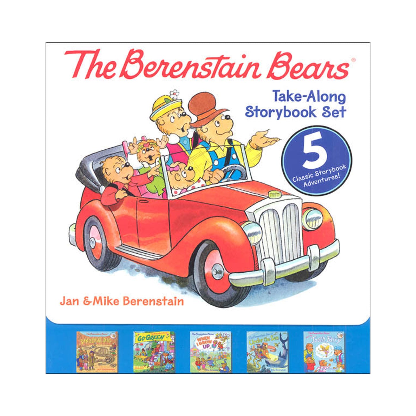 Cover of 'The Berenstain Bears' take-along storybook set with a red car illustration and five book icons below.