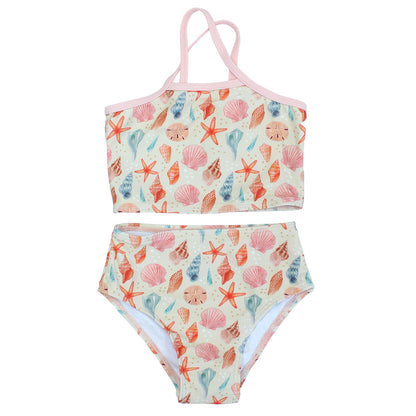 2 piece swimwear for kids flat lay in a white background. The print reflects seashells is different peach, pink and blue colors. The trim on the top is light pink. 