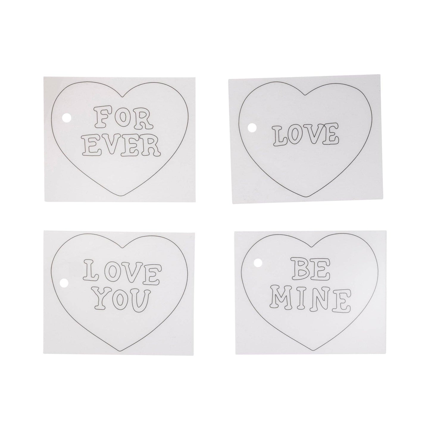 Four heart-shaped metal tags with engraved messages on a white background