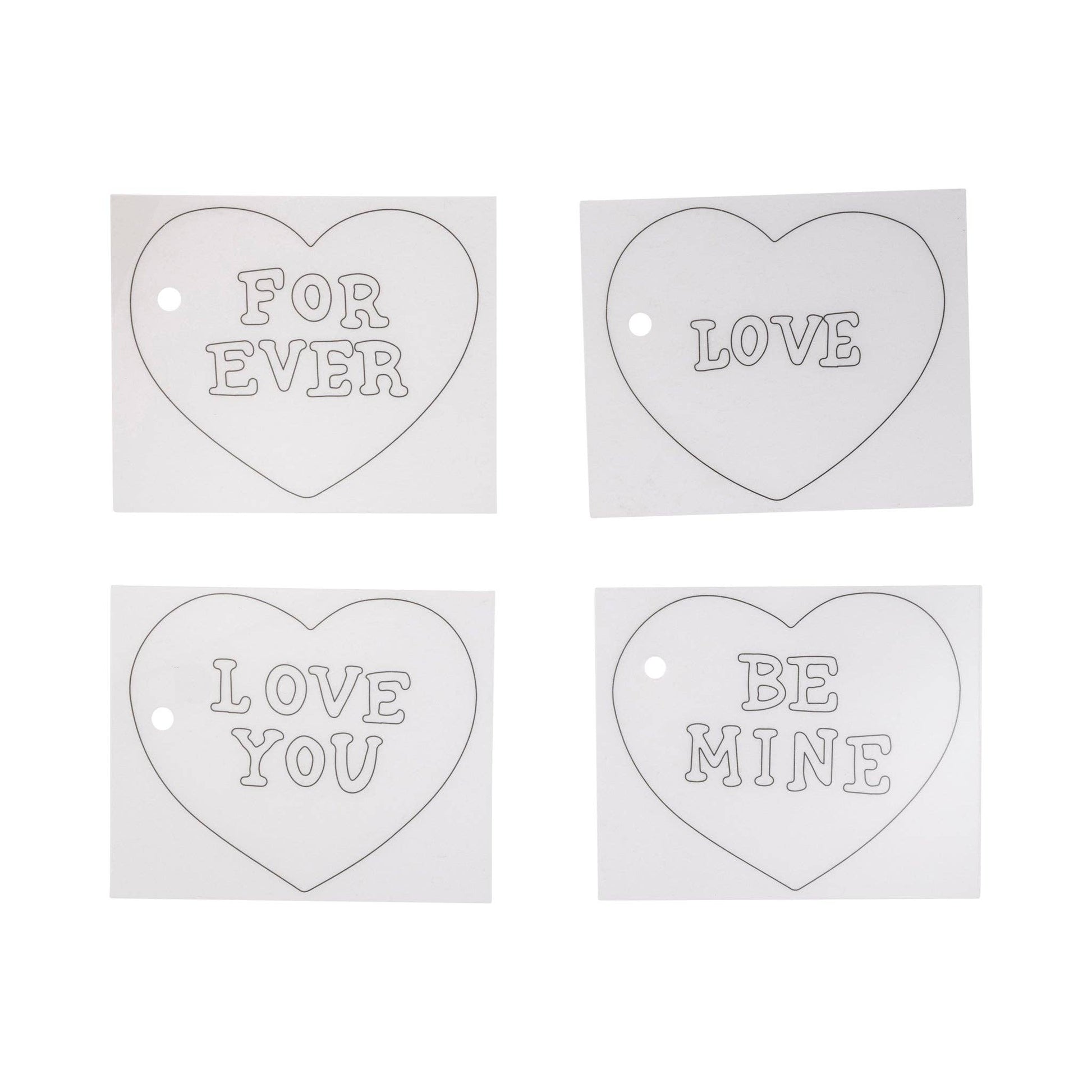 Four heart-shaped metal tags with engraved messages on a white background