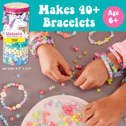Kids making multicolor bracelets with beads