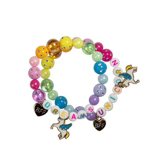 Two colorful beaded bracelets with Unicorn and heart BFF charms from Great Pretenders